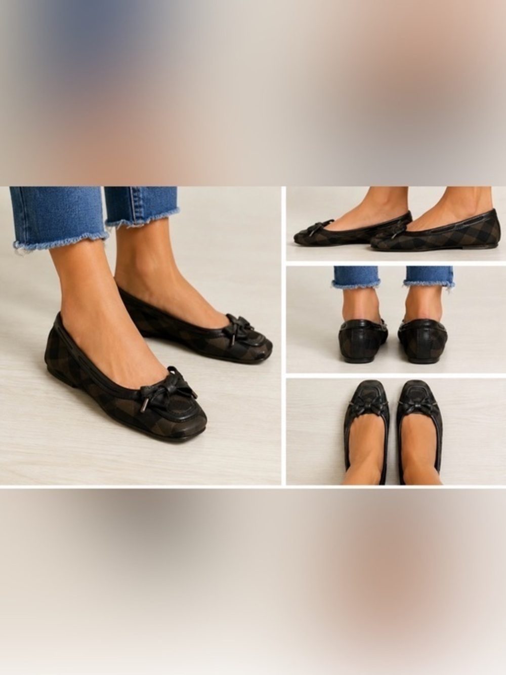 Burberry Black Nova Check Bow Ballet Flats Leather Designer Shoes